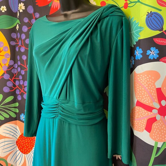 Serengeti Dress Emerald Green Twist Front Shoulder Long Sleeve Size Large Midi - Picture 2 of 13
